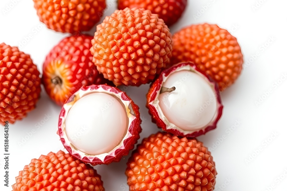 Closeup of fresh red lychee fruit with white flesh Closeup of fresh red lychee fruit with white flesh