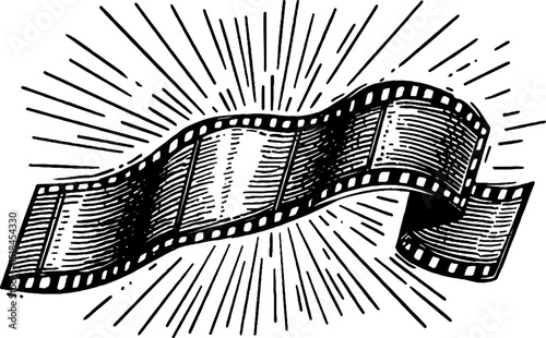 Engraved illustration of film strip banner. Vintage retro cinema art design with classic black and white engraving.