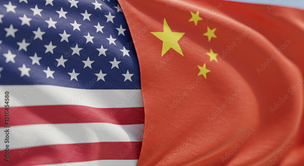 Fototapeta premium United States and China flags waving together under blue sky 