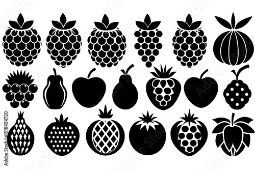 Collection of Black and White Fruit Icons Silhouette icons various fruits berries including raspberries grapes pears apples strawberries pineapples more fruit berries raspberries grapes pears