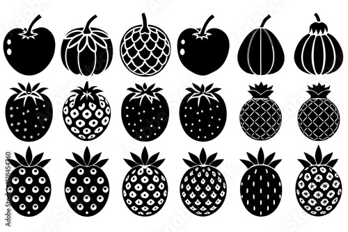Black and White Silhouettes of Various Fruits Collection fruit icons simple black white style fruit icons silhouette apple orange pineapple strawberry kiwi mango grapes berry