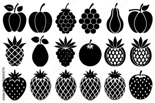 Black and White Silhouette Collection of Various Fruits icons various fruits including apples pears grapes berries pineapples more fruits silhouette icons apple pear grapes berries