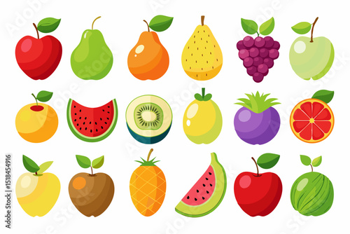 Colorful Flat Illustration of Various Fruits Collection cartoon style fruit icons vibrant colors fruits illustration apple pear peach watermelon kiwi pineapple orange grape mango banana fig