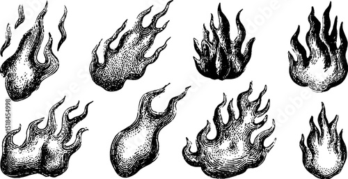 Engraved flame pattern illustration set for decorative design and art projects