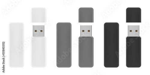Mockup of usb flash drive. White, gray and black gadgets. Open and closed cap. Storage device