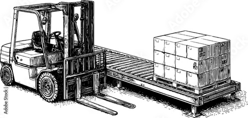 Industrial logistics: engraved forklift and pallet illustration for transportation design