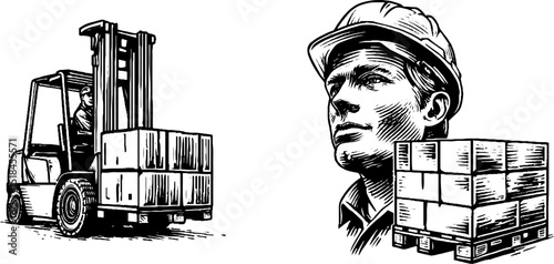 Engraved illustration of forklift and driver. Industrial worker with machinery in vintage black and white sketch.