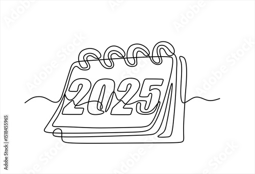 Loose-leaf calendar continuous line drawing. One line art of calendar 2025, memorable date, countdown, holiday, weekday and weekend. Hand drawn one line vector. Editable stroke