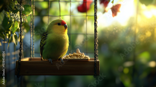 Plump Budgie Perched on Swing in Clean Birdcage with Sunlight and Toys