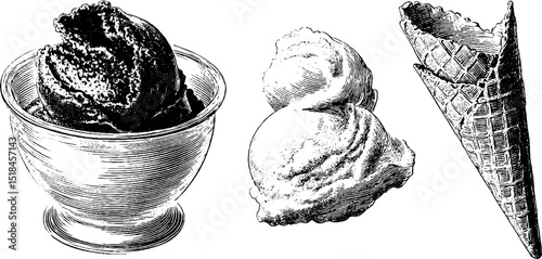 Vintage gelato illustration set featuring cone and scoop designs for creative projects