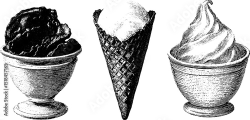Engraved illustration set of vintage gelato and ice cream cones for dessert design