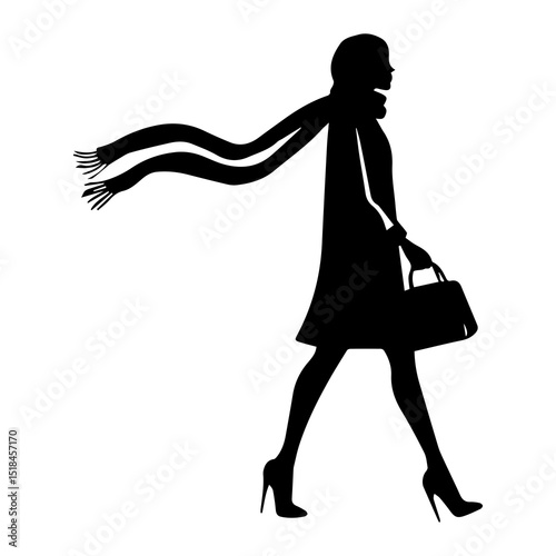 Silhouette of a Woman Holding a Purse with Scarf Blowing in the Wind – Stylish Female Pose

