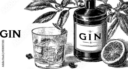 Vintage gin bottle and glass with orange and botanical elements for beverage design