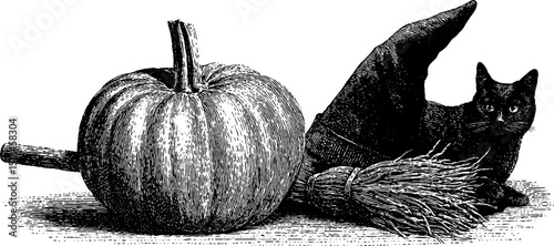 Vintage halloween illustration with pumpkin, witch hat, black cat, and broomstick