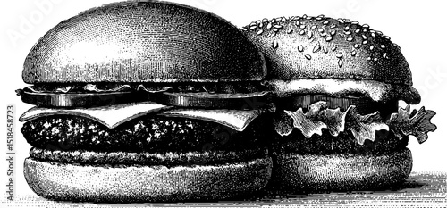 Vintage engraved illustration set of classic hamburger and cheeseburger pair