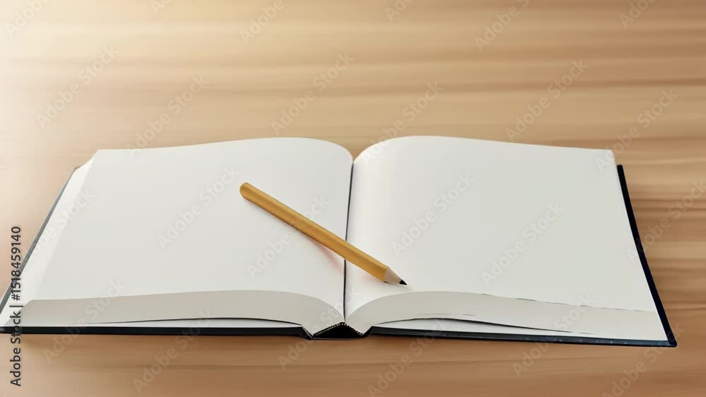 Open notebook and pencil on wooden table. Open notebook and pencil composition perfect for education or creative projects.