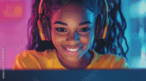 Smiling young african american teen girl wear headphones video calling on laptop. Happy mixed race pretty woman student looking at computer screen watching webinar or doing video chat by webcam. illu photo