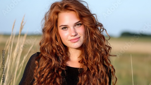 Young woman with curly red hair smiling outdoors in a natural setting