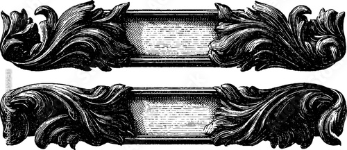 Vintage engraved illustration set featuring ornate header and footer designs
