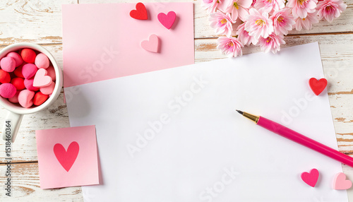 Colorful stationery arranged with hearts and flowers on a wood table   photo
