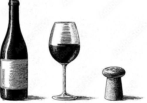 Elegant engraved illustration of italian wine bottle, glass, and cork for vintage design projects