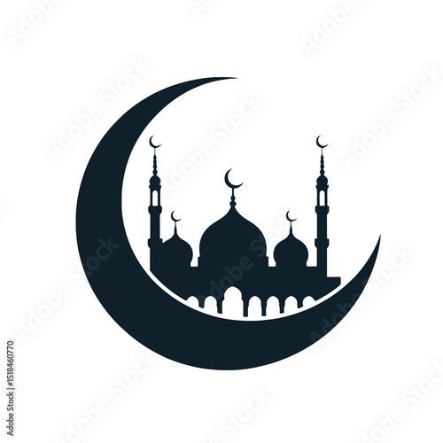 A silhouette of a mosque with minarets is encompassed by a large crescent moon, symbolizing a connection to Islamic culture.