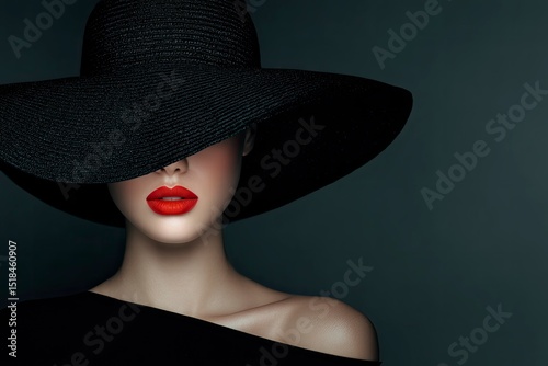 Woman in black hat and dress wearing red lipstick against a dark gray background