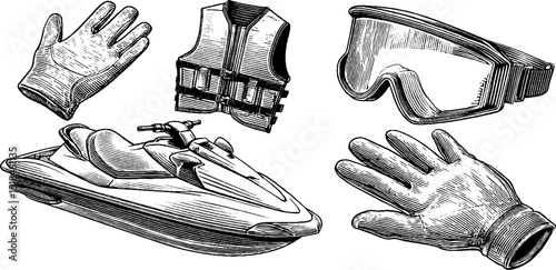 Engraved illustration of jet ski, life jacket, gloves, and goggles for water sports design