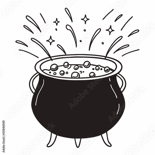 Halloween witchs cauldron illustration with magical bubbles