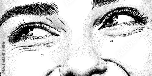 Engraved illustration of joyful expression with tears of happiness