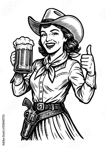 Retro female cowboy with hat and beer glass, cheerful and confident pose, hand-drawn line art.