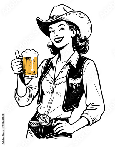 Rodeo girl with cowboy hat, cold beer, detailed hand-drawn vector.