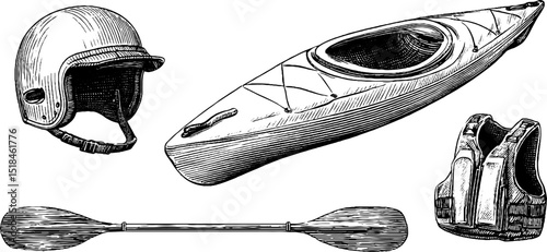 Kayaking adventure essentials: engraved illustration of kayak, paddle, helmet, and life jacket