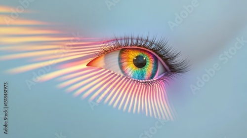 Mesmerizing Prismatic Eye with Radiant Rainbow Spectrum Rays on Sleek White Background