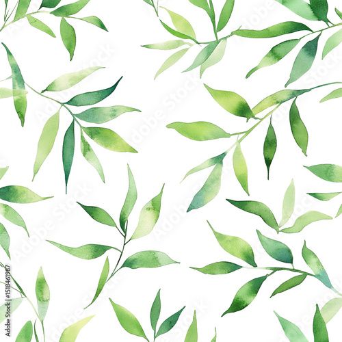 Watercolor leaves seamless pattern green foliage botanical illustration on black background design 100 on transparent background