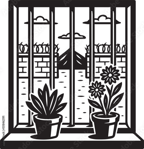 barred prison window with two potted plants on the windowsill, facing the prison yard