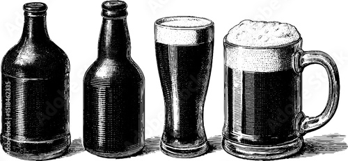 Engraved vintage lager bottles and mugs illustration set for brewing enthusiasts