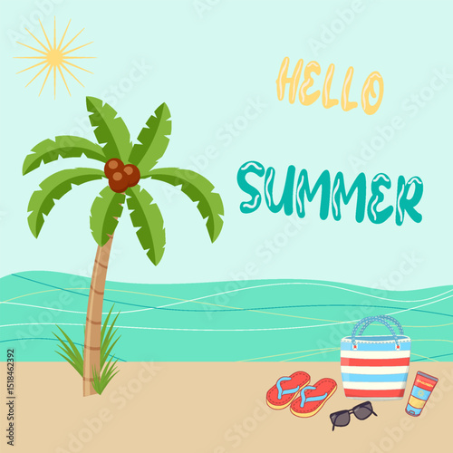  Hello Summer Design Banner Vacation Concept. Beach Palm tree on a sandy beach by the sea Сolorful vacation elements like flip-flops, sunglasses, sunscreen, beach bag Fun style