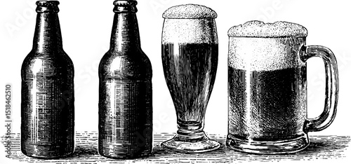 Vintage engraved illustration of lager bottles and beer mugs for beverage concept designs
