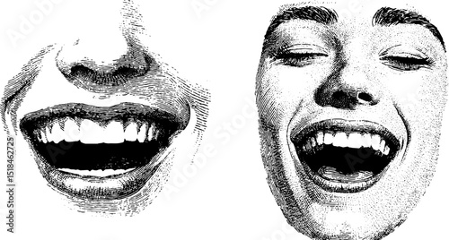 Engraved illustration of laughing faces and expressions for artistic designs
