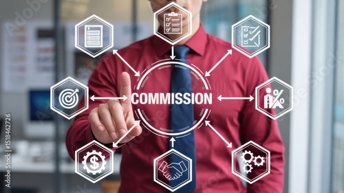 Businessman interacting with digital commission interface in corporate environment surrounded by icons representing data, agreements, finance, tasks, and goals.