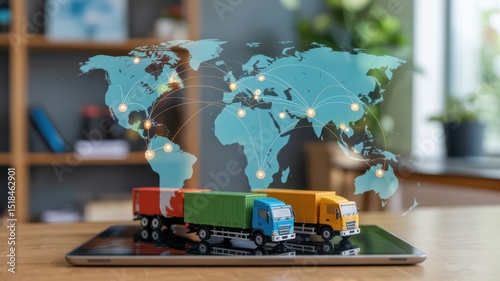 Global logistics and supply chain concept with trucks and world map projection.