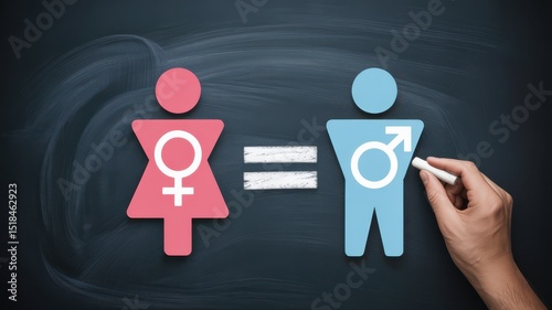 Conceptual illustration of gender equality with male and female symbols on chalkboard. Inclusion, social justice, and equity in rights and opportunities.