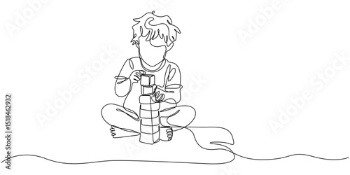 Little child playing with blocks one line art. Continuous line drawing of child, games, childhood, play, kindergarten, boy, girl, Continuous one line drawing of a child playing with building blocks.