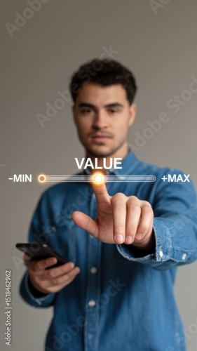 An entrepreneur adjusting virtual value bar with finger on futuristic interface.