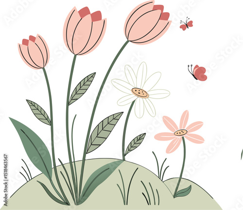 Colorful Flower Illustration with Animalistic Elements in CMYK and Grayscale