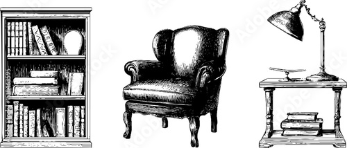 Vintage library set with bookshelf, armchair, and reading lamp illustration