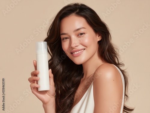 Friendly smiling young woman with long wavy hair holding a white cosmetic bottle, demonstrating skincare product with a cheerful expression against neutral background