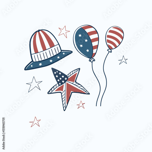 Balloons, Hats and Stars Outline Set | 4th of July Party Icon Collection in Line Art