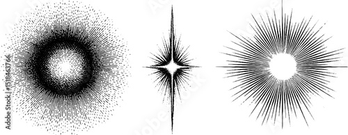 Vintage light burst and radiant glow engravings for creative design projects